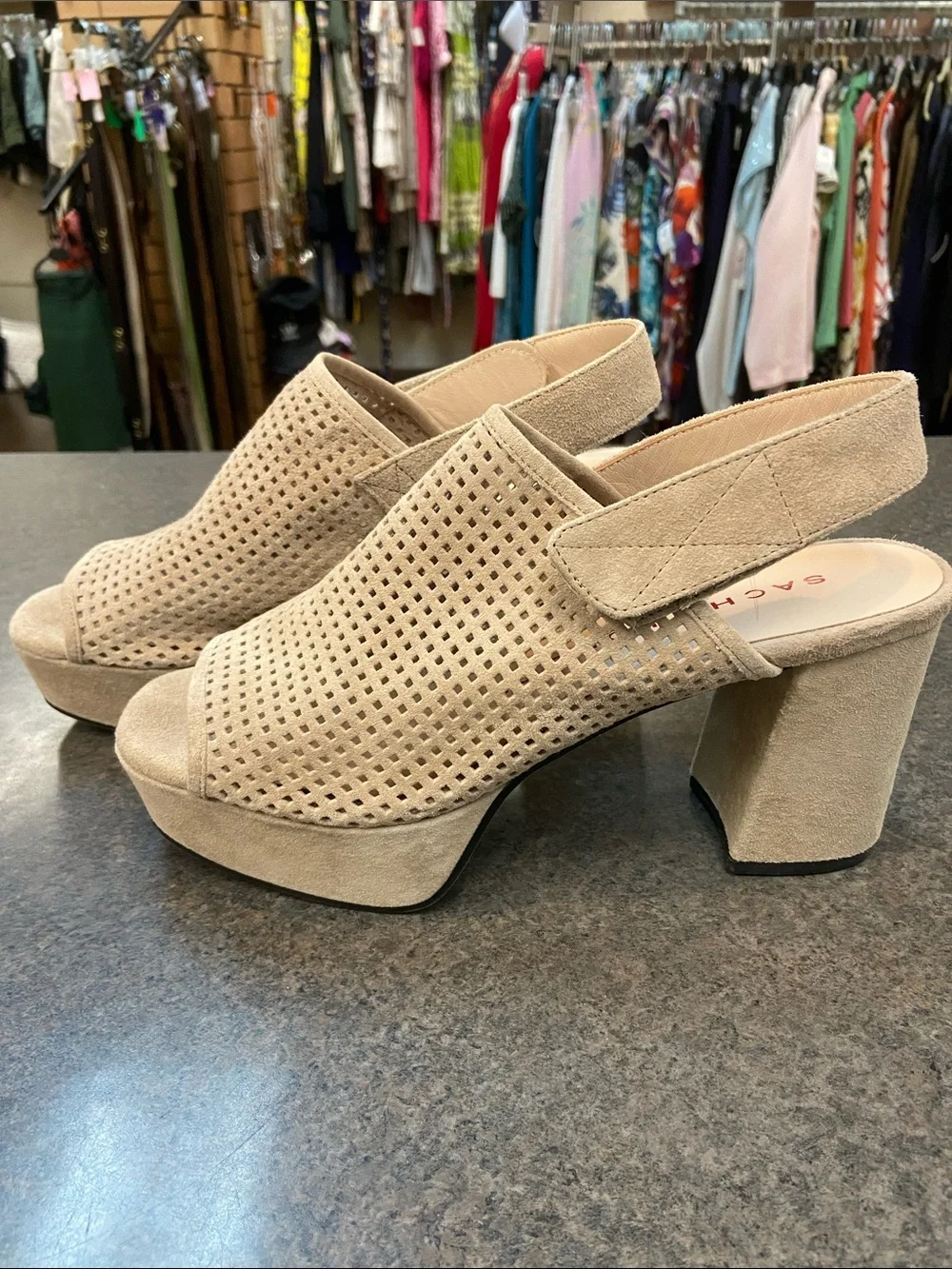 Sacha London Beige Perforated Suede Platform Slingback Heels